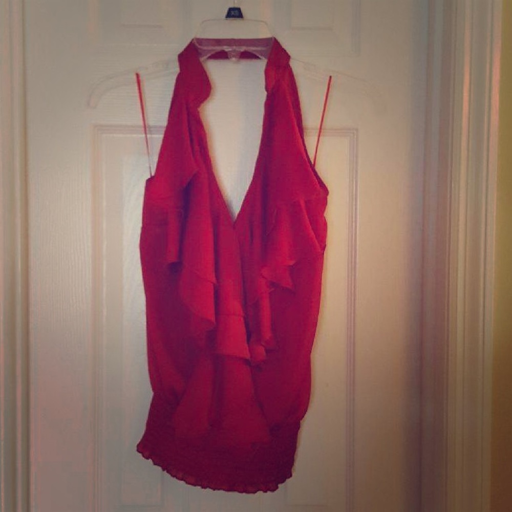Arden B red silky halter top